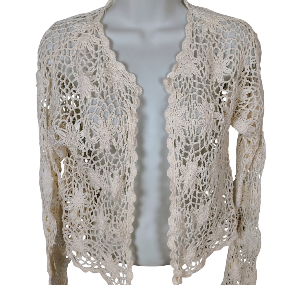 MJ Cream Crochet Floral Open Front Cardigan Ramie Cotton Knit Shrug Womens Large